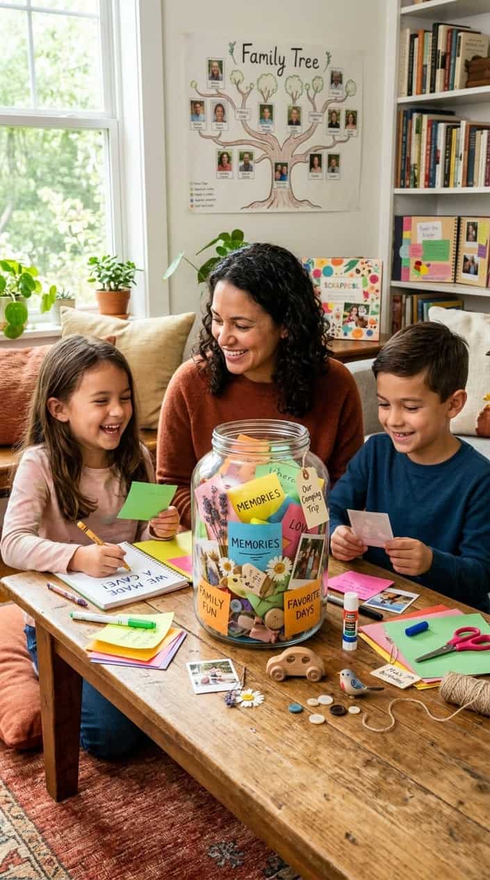 A family gathered around a clear glass jar filled with colorful folded paper notes and small keepsakes, working together in a cozy, warmly lit room.