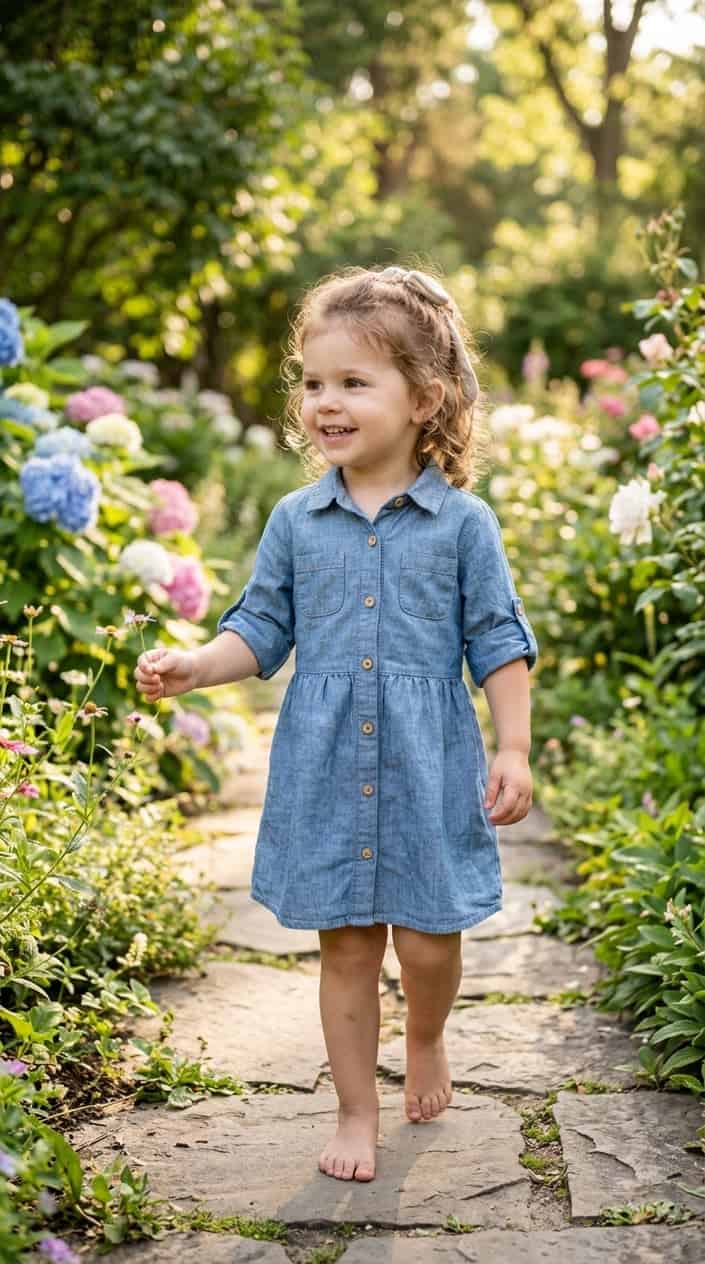 17 Baby Dress Designs for Summer That Are Actually Soft Enough to Wear 12 A young child wearing a lightweight chambray shirt dress with roll-tab sleeves standing outdoors in a sunny garden.