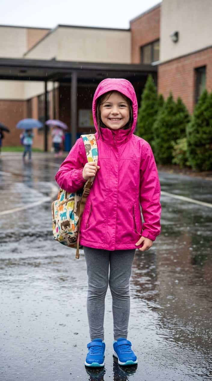 A young child wearing a bright rain jacket with a hood up, standing outside near a school on a rainy day, holding a backpack.