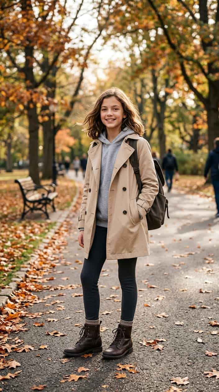 16 Tween Outfit Ideas for the Awkward 'Not Little, Not Grown' Age 16 A young girl wearing a trench coat over a hoodie and leggings stands outdoors in a park with autumn leaves.