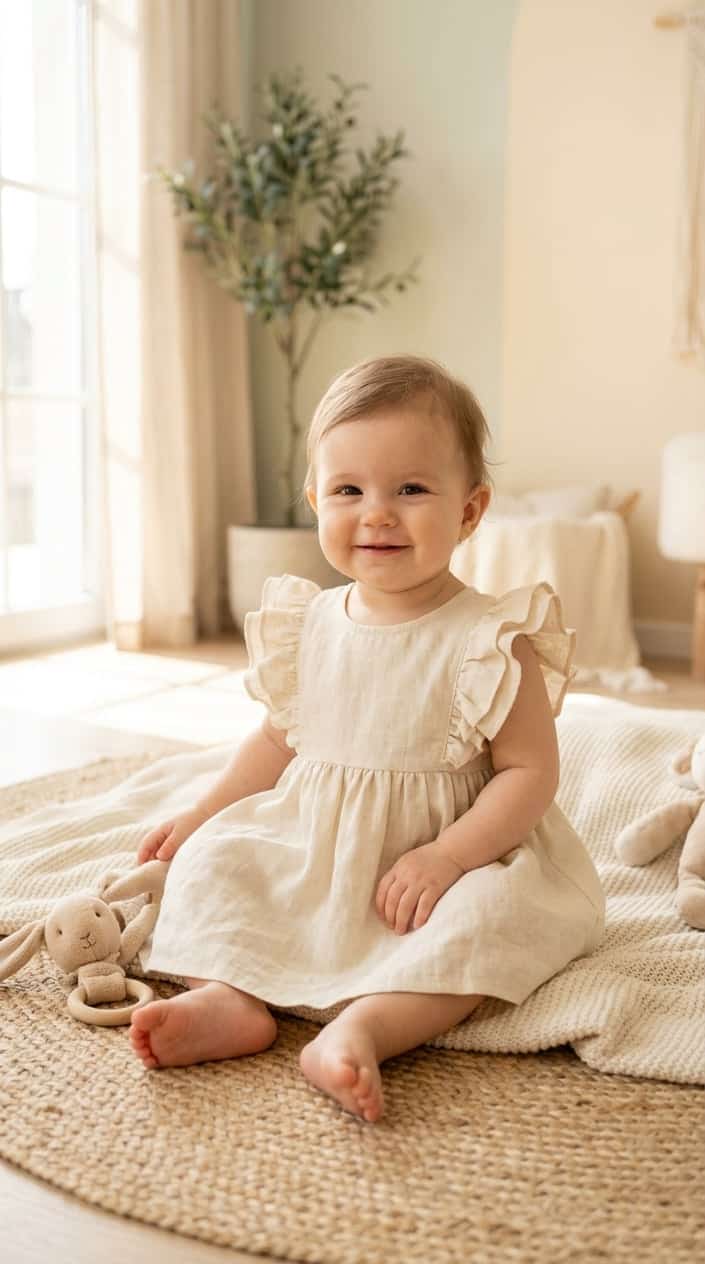A baby wearing a light-colored sundress with ruffled shoulders, sitting indoors in a softly lit room.