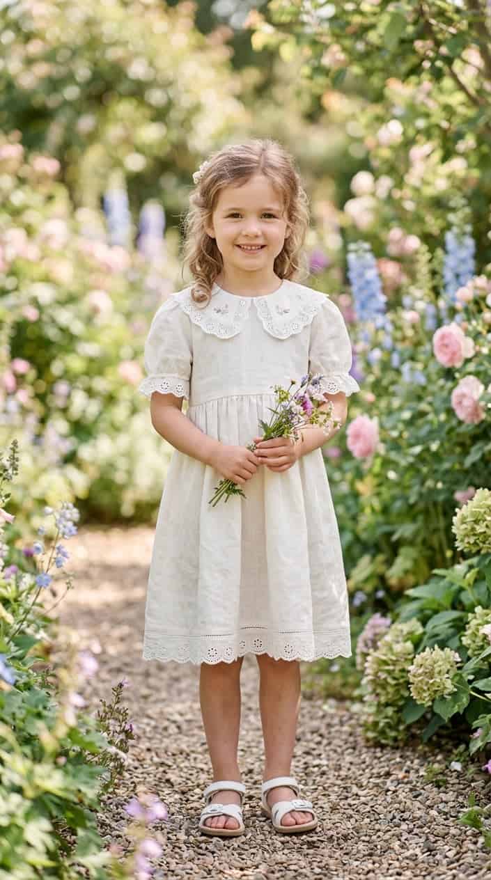 Boutique-Style Dresses for Little Girls on a Budget 2 A young girl standing outdoors wearing a light-colored dress with a rounded collar and decorative trim, smiling softly with a blurred garden background.