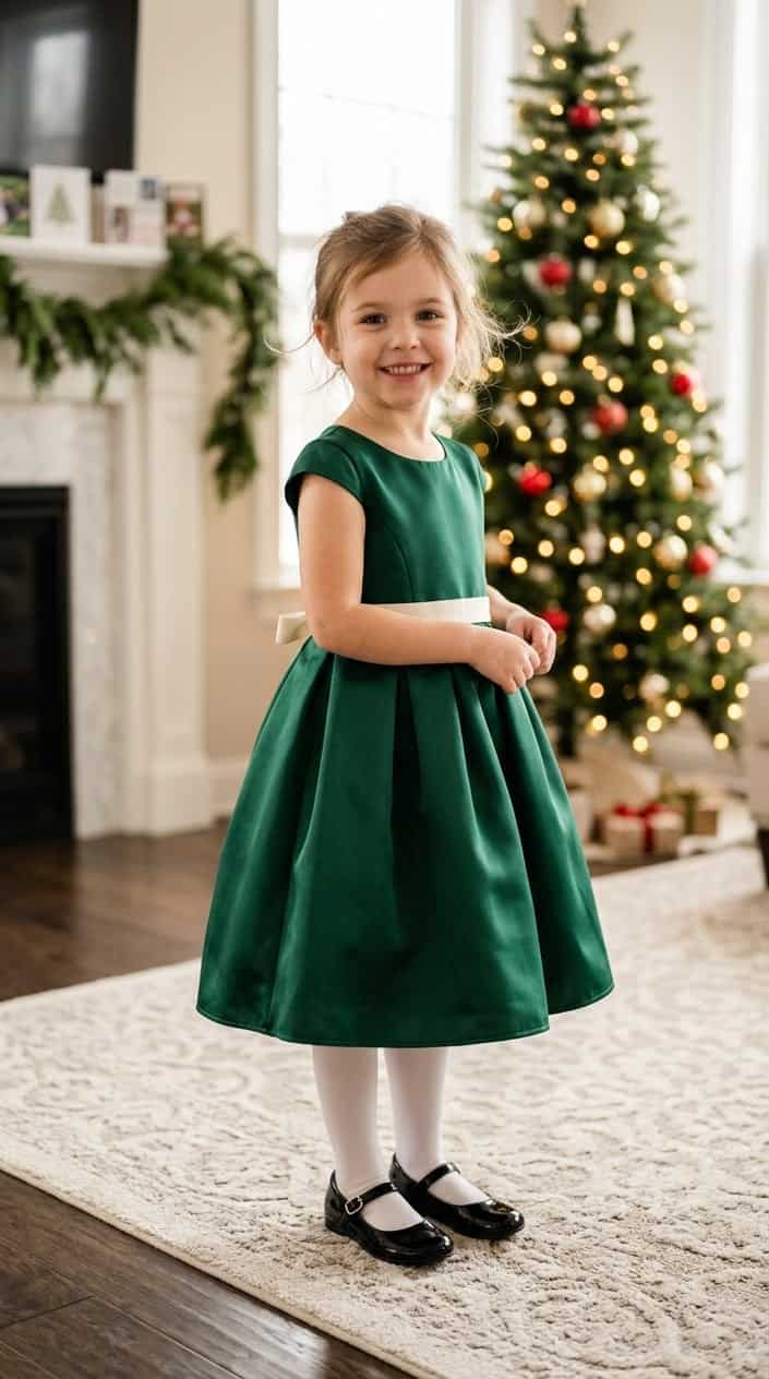 A young girl wearing a satin dress stands indoors with holiday decorations in the background.