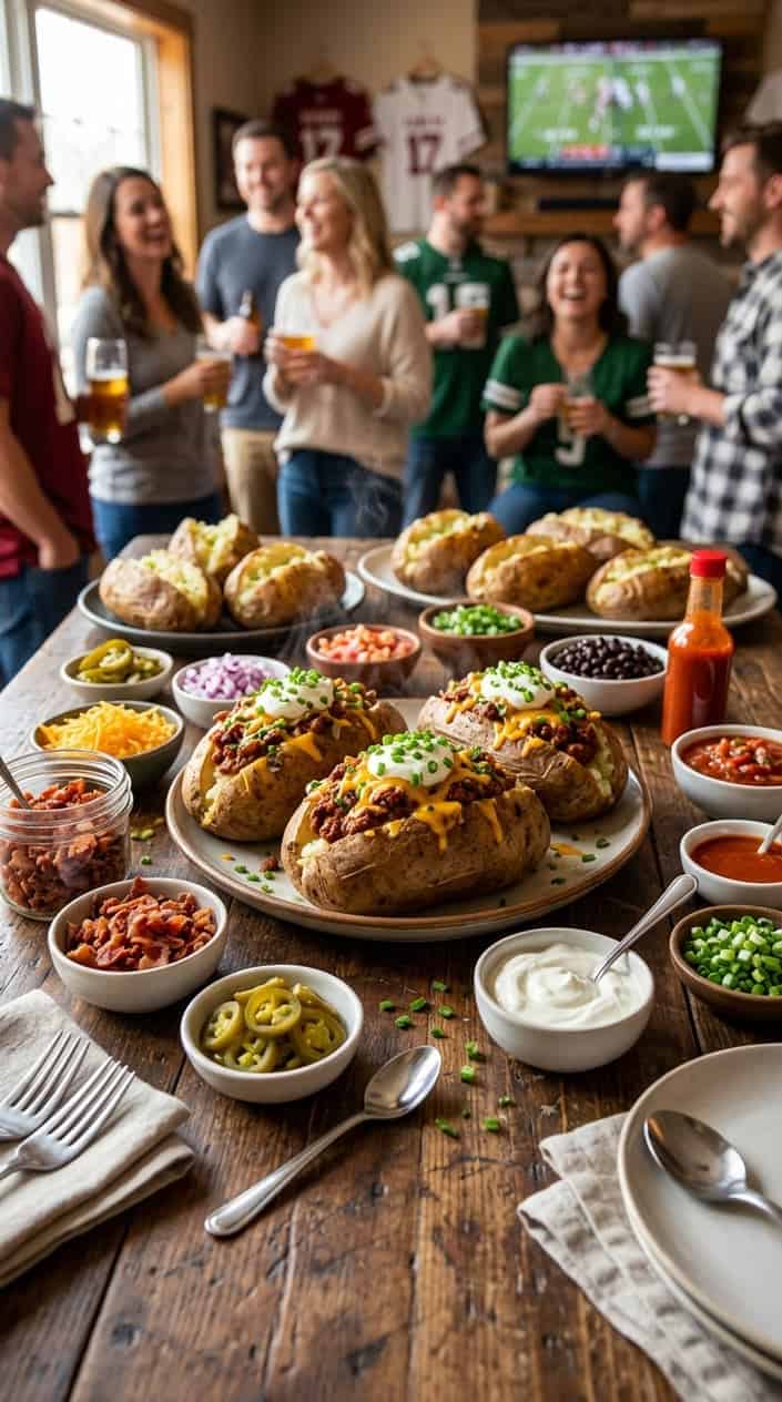 16 Easy Game Day Recipes for a Crowd 10 A table with baked potatoes topped with chili, cheese, sour cream, and chives, surrounded by bowls of various toppings for a game day meal.