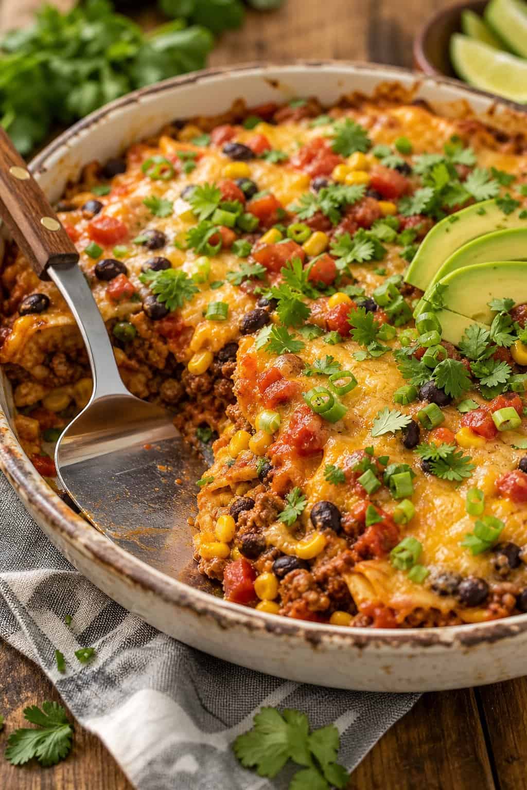 Enchilada Casserole Recipes That Feed a Crowd 19 A baked taco-enchilada casserole with ground turkey in a ceramic dish, topped with melted cheese, corn kernels, black beans, and sliced green onions, with visible golden-brown edges around the casserole.