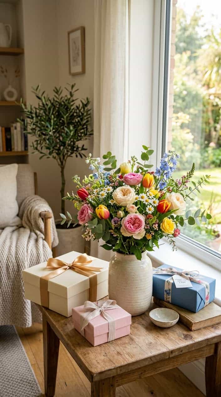 A fresh bouquet of colorful flowers in a vase on a wooden table near a window with gift boxes around it in a cozy living room.
