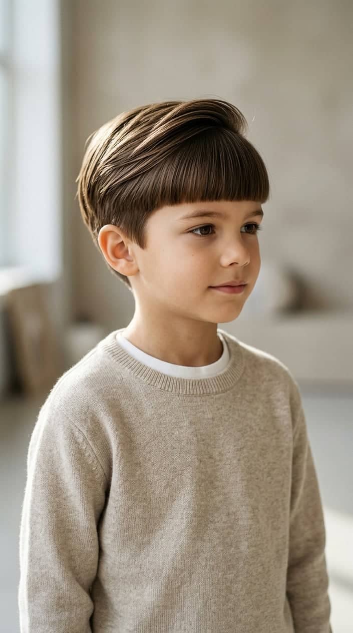 A young boy with long hair on top and straight blunt bangs, looking slightly to the side against a plain background.