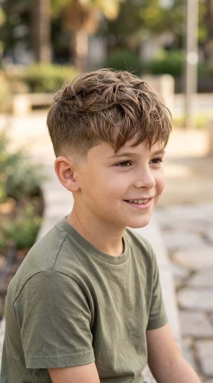 A young boy with a longer messy fringe haircut and tapered sides smiling gently against a blurred neutral background.