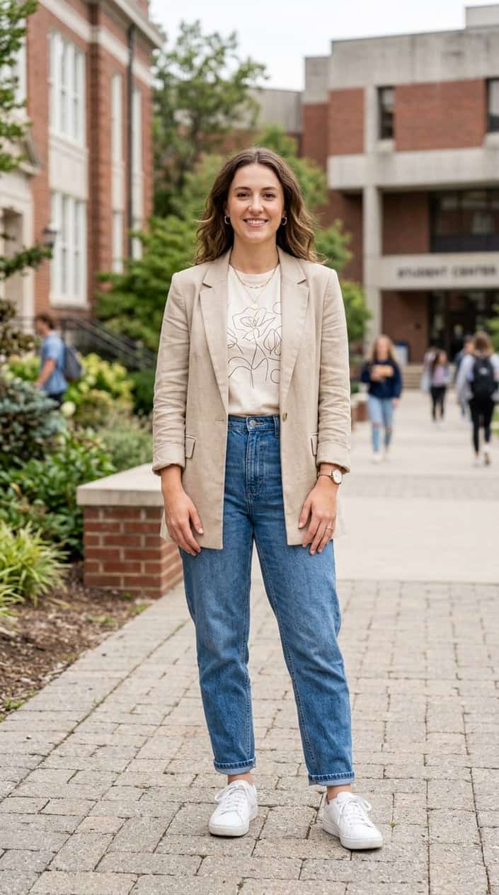 A young woman standing outdoors wearing a camel longline single-breasted blazer over a graphic tee, paired with relaxed high-waisted mom jeans.
