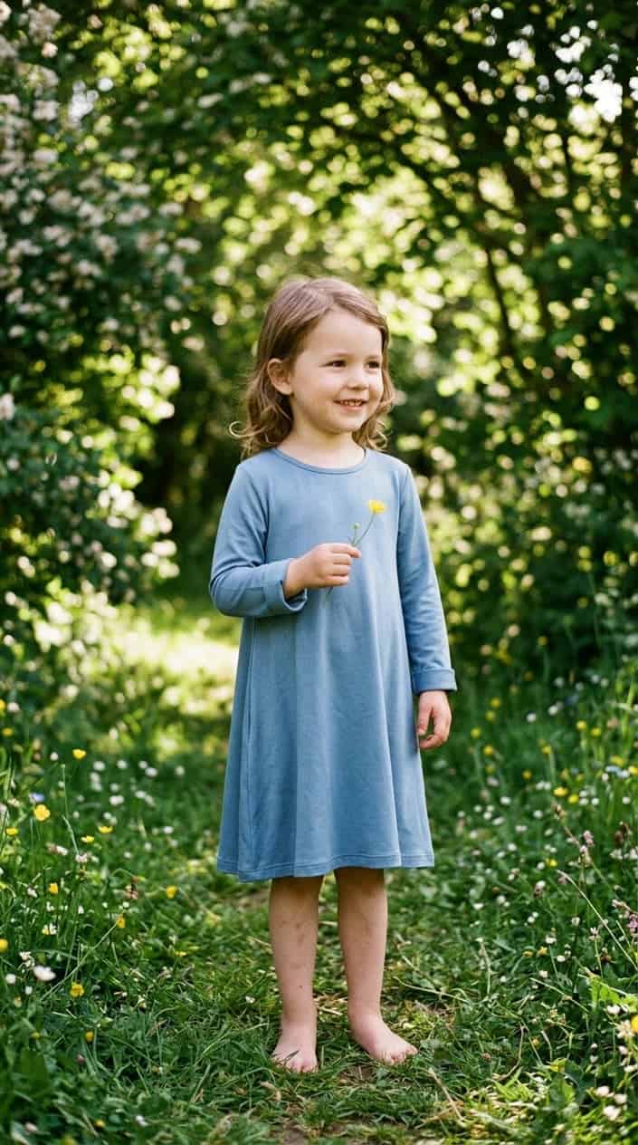 Comfortable Children's Dresses That Still Look Nice 16 A young child wearing a soft bamboo viscose dress standing outdoors with a blurred green background.