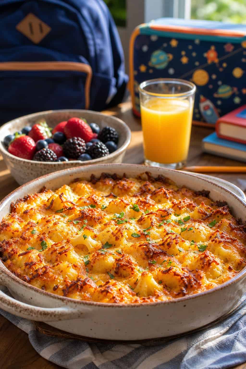 A golden-topped breakfast casserole with a mix of riced cauliflower and shredded hashbrown in a ceramic dish on a wood table, with a small bowl of fresh berries and a glass of orange juice nearby.