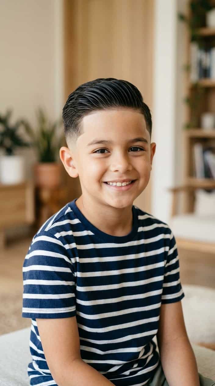 A young boy with a short haircut smiling against a plain background.