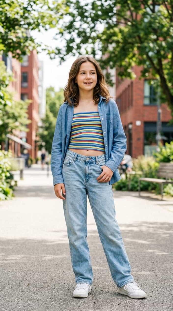 A tween girl standing outdoors wearing low-rise relaxed jeans and a colorful tube top.