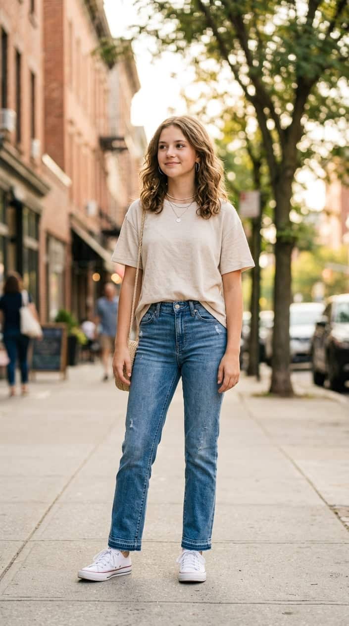 Teenage girl standing outdoors wearing straight ankle jeans and a summer outfit, smiling gently in a city setting.
