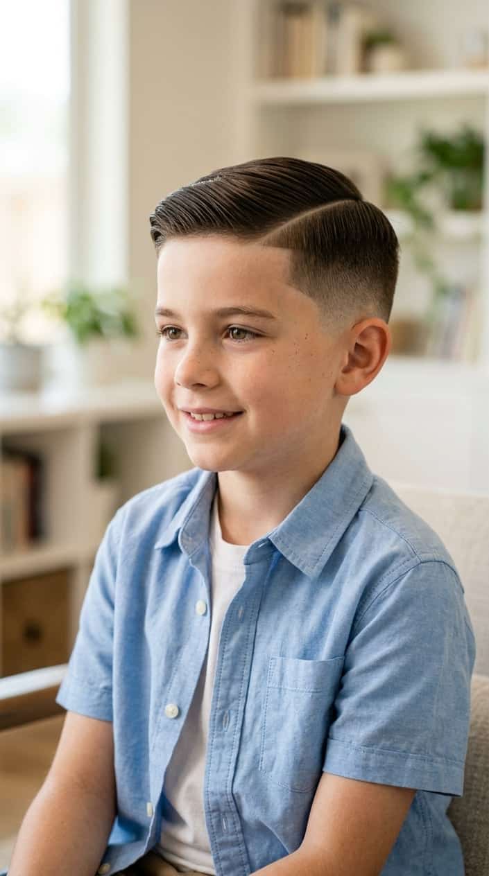 A young boy with a neat haircut smiling against a blurred neutral background.