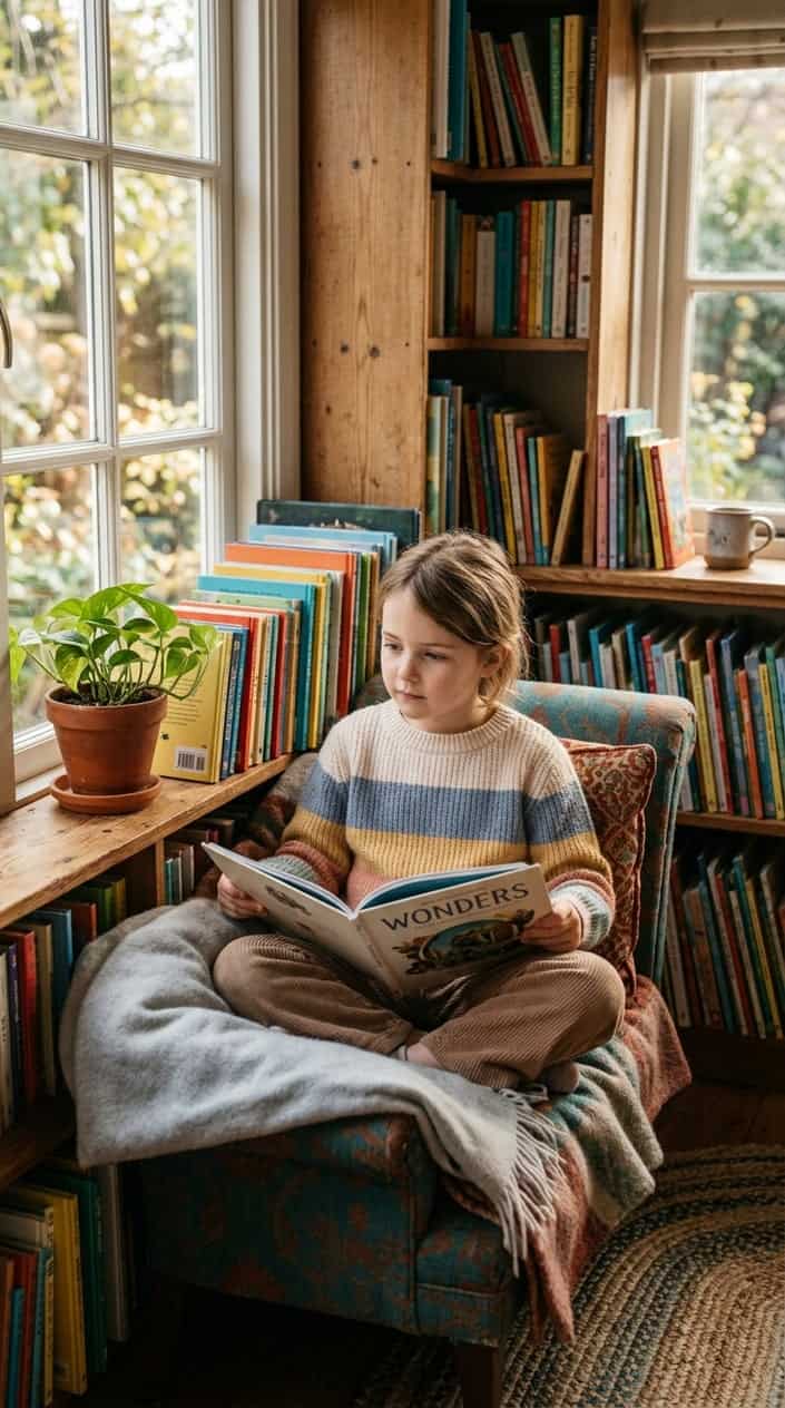 A young girl sitting quietly in a cozy reading nook, reading a book with a calm and thoughtful expression.