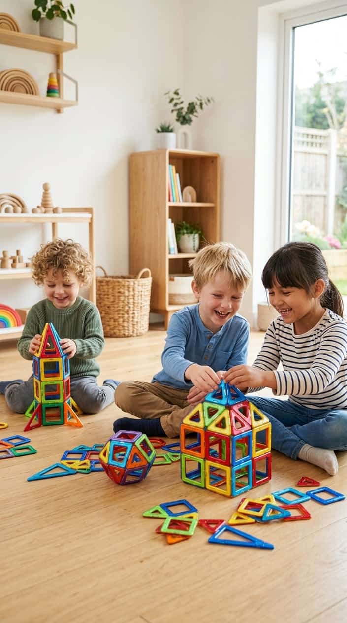 Children playing with colorful magnetic building tiles, focused and smiling while creating geometric shapes in a bright playroom.