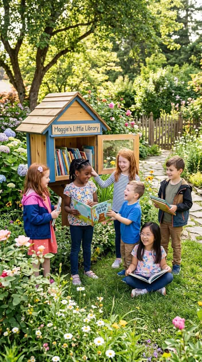 Children happily sharing books near a small wooden library box in a sunny garden.