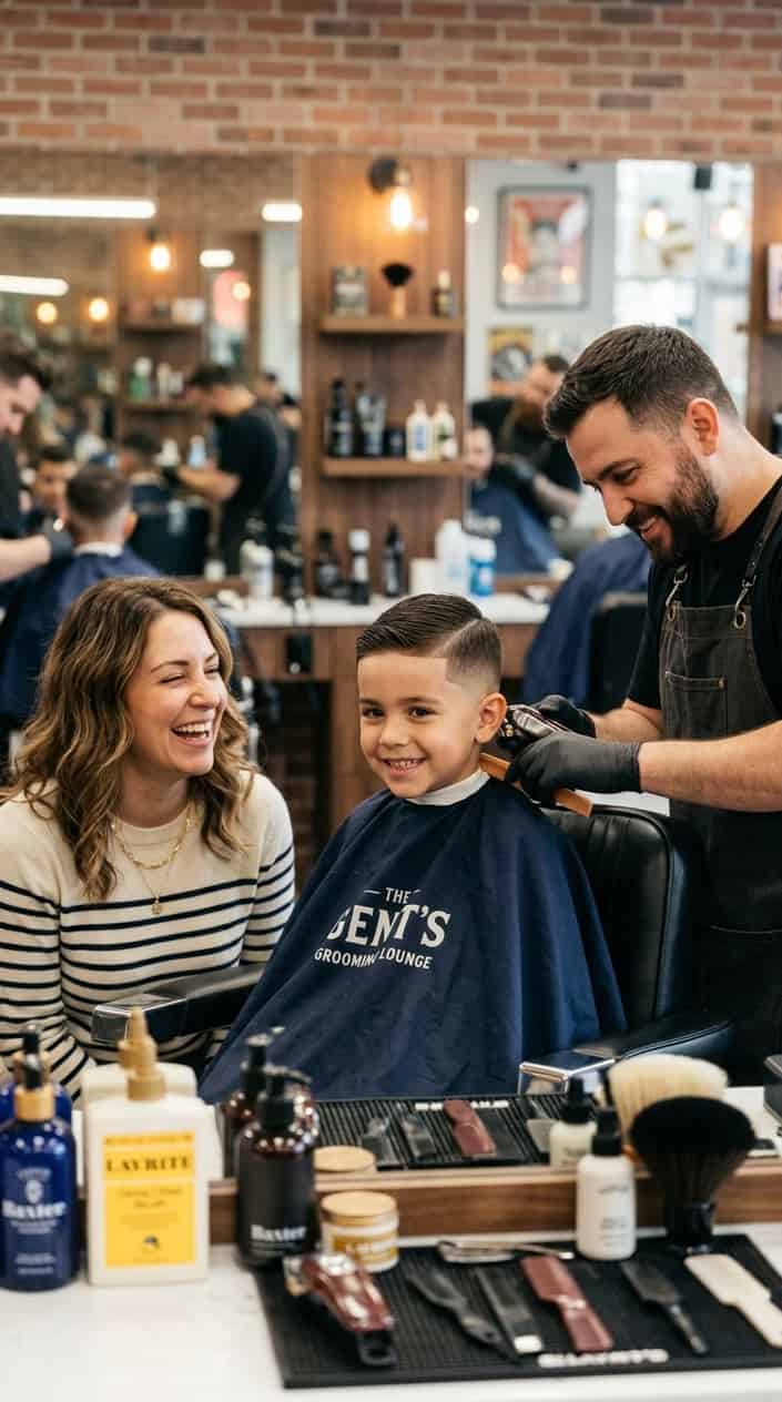 A parent and child smiling together in a barbershop, the child sitting in a barber chair with a fresh haircut.