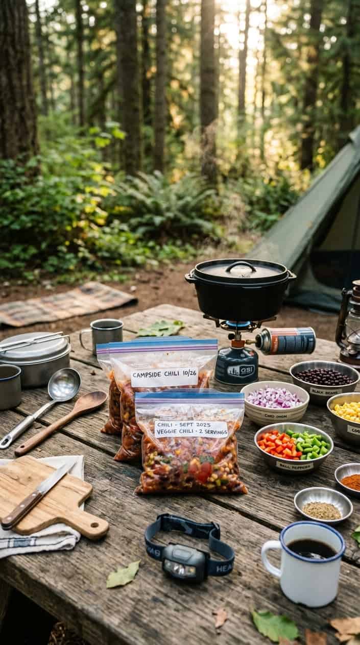 17 Camping Meals You Can Prep Ahead and Heat Over a Single-Burner Stove 2 Clear zip-top bags filled with chili on a wooden picnic table outdoors, surrounded by camping cooking gear and fresh ingredients, with trees in the background.