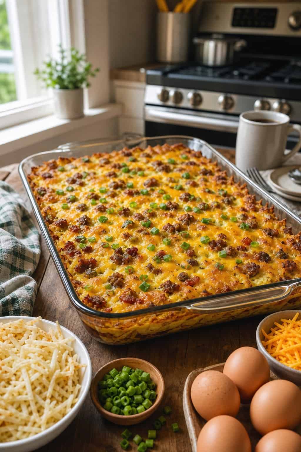 A family-size hashbrown casserole with sausage, cheese, and eggs in a foil baking pan on a wood table, with a glass baking dish and scattered fresh ingredients nearby.