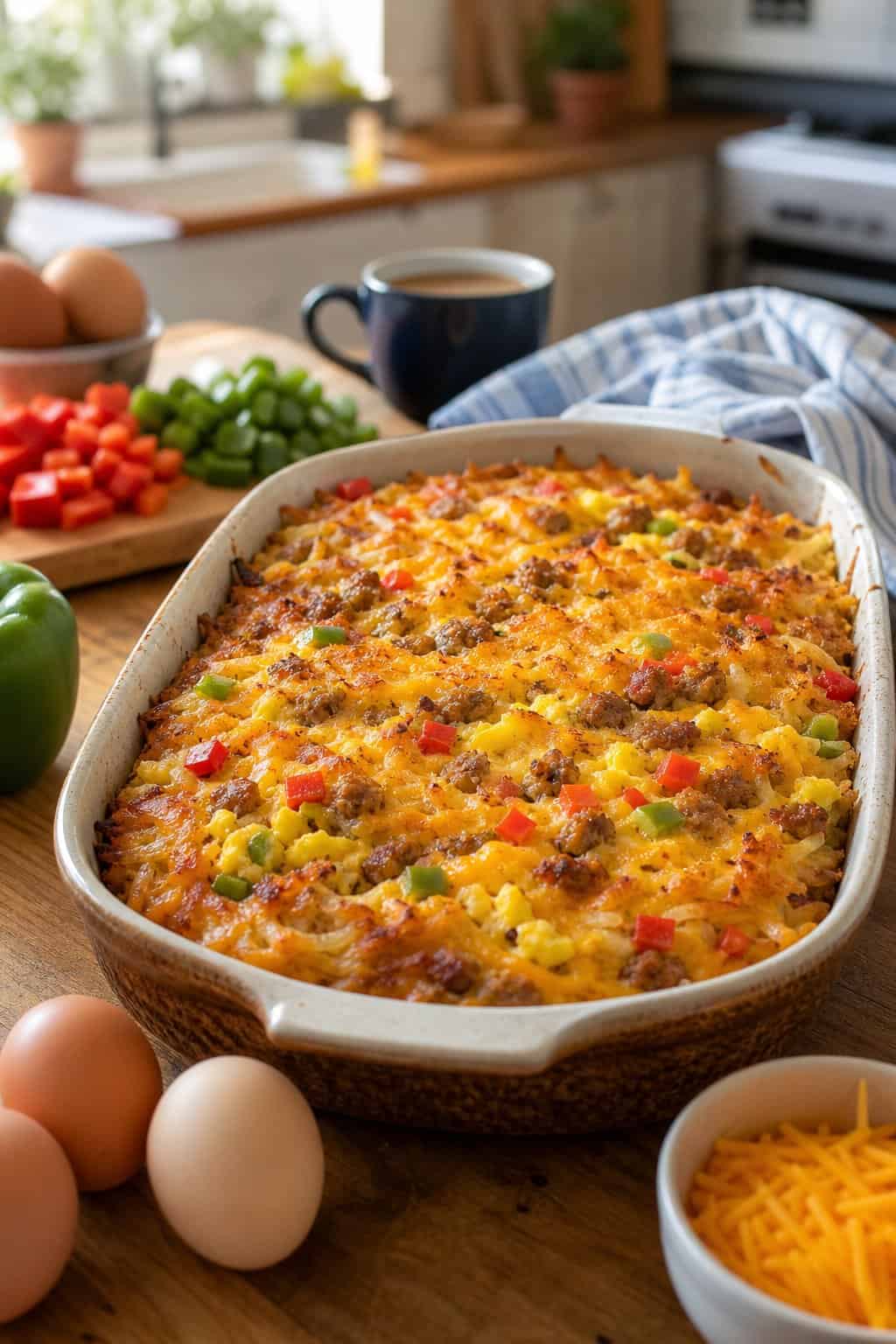 A hashbrown breakfast casserole in a glass baking dish on a wood table, surrounded by loose eggs, a block of cheese, a package of sausage, and a bag of frozen hashbrowns.