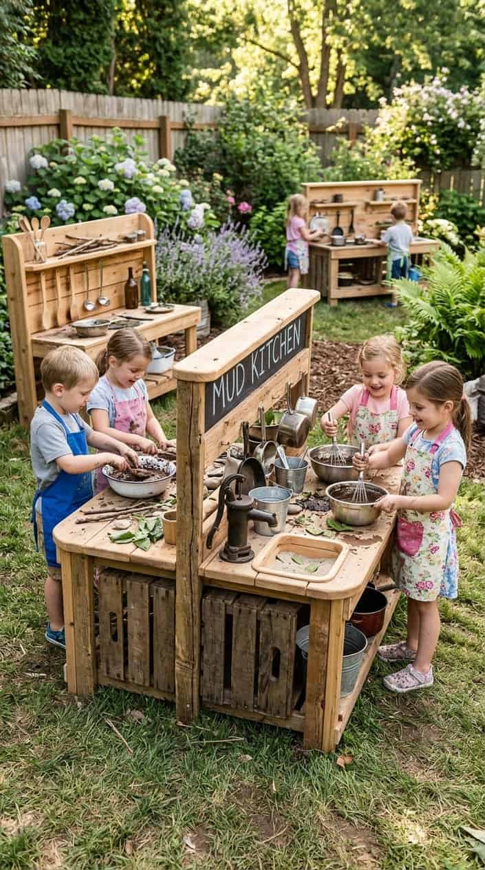 12 Mud Kitchen Setups for Kids (Using Mostly Stuff You Already Have Outside) 14 Children playing with homemade mud kitchens outdoors, using pots, pans, and garden tools in a safe garden setting.