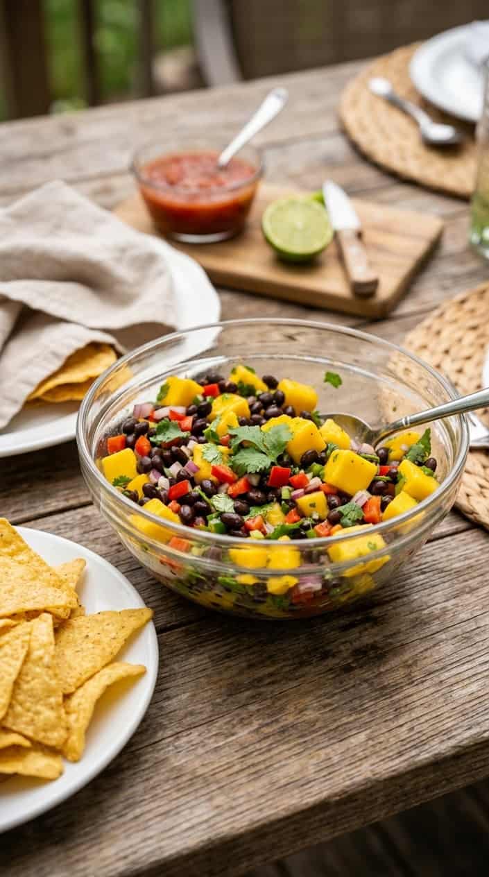A wide clay bowl filled with bright yellow mango cubes, glossy black beans, diced red bell pepper, and chopped cilantro in a lime dressing, with a handful of golden tortilla chips tucked around the edge.