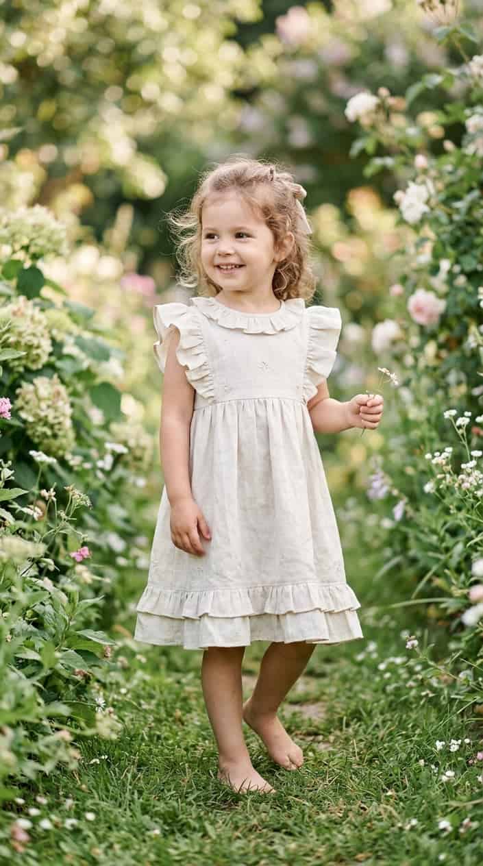 Kids' Designer-Look Dresses on a Budget 13 A young child standing outdoors wearing a light linen dress with ruffle trims.