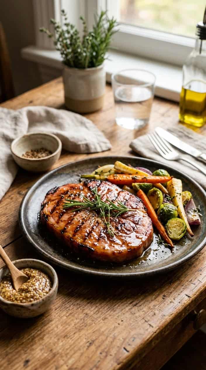 A glazed ham steak on a plate garnished with herbs and served with roasted vegetables on a kitchen table.