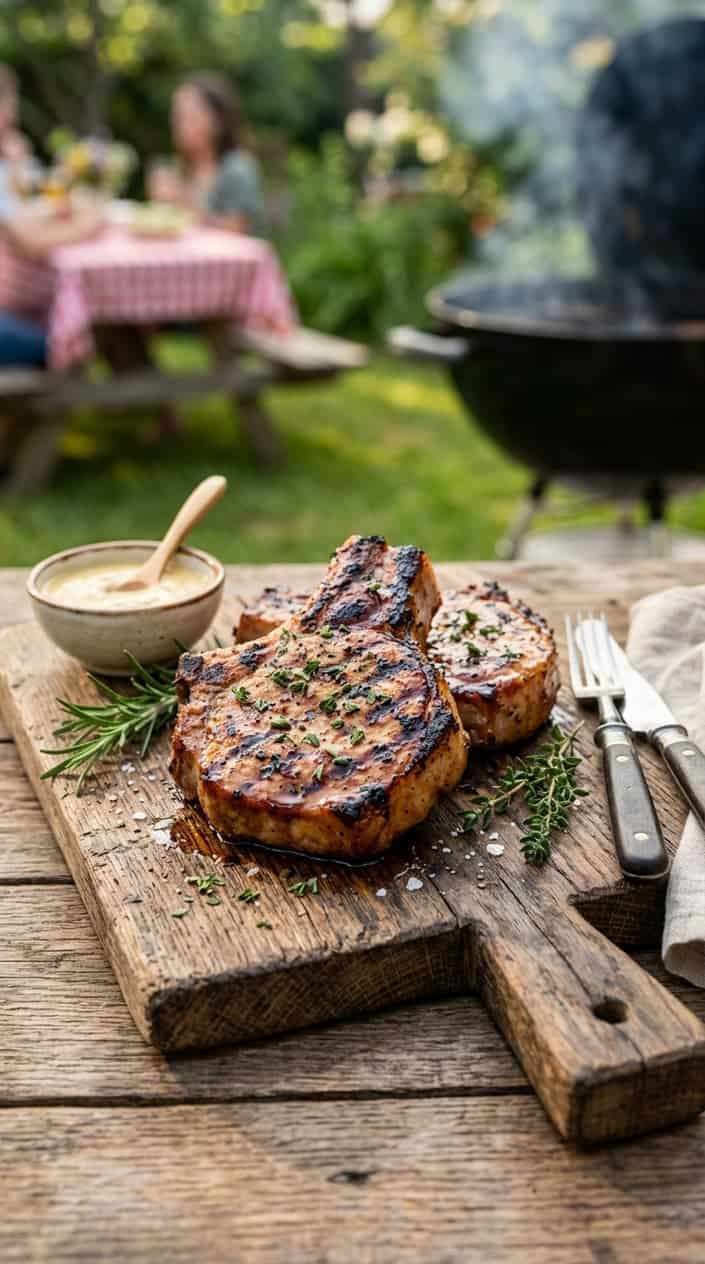 Grilled pork chops glazed with maple-Dijon sauce on a wooden cutting board with fresh herbs and a bowl of mustard sauce.