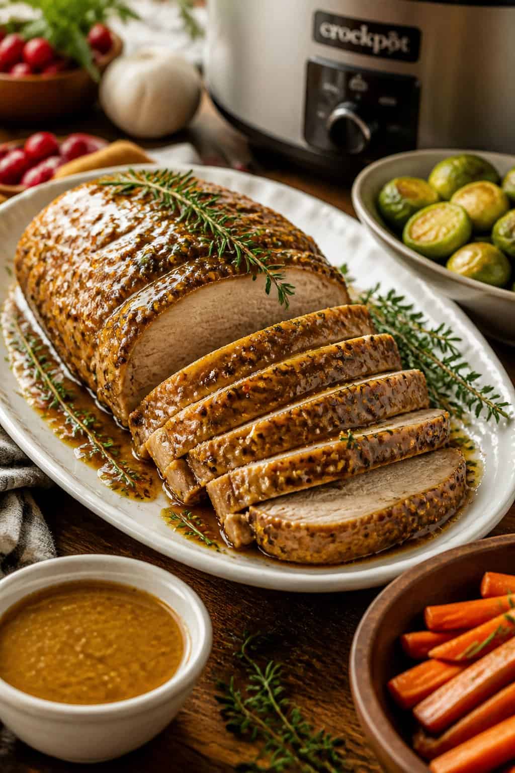 Sliced maple Dijon pork loin on a white plate with roasted vegetables and fresh herbs on a wooden table.