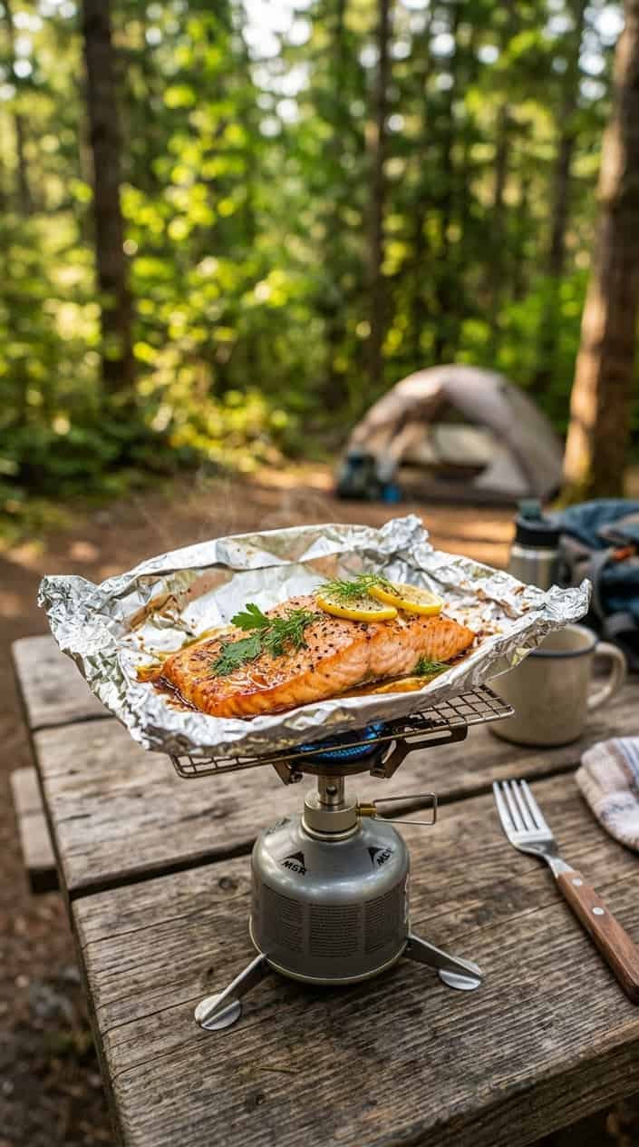 17 Camping Meals You Can Prep Ahead and Heat Over a Single-Burner Stove 17 Maple-glazed salmon cooking in a foil packet on a single-burner camping stove outdoors with greenery in the background.