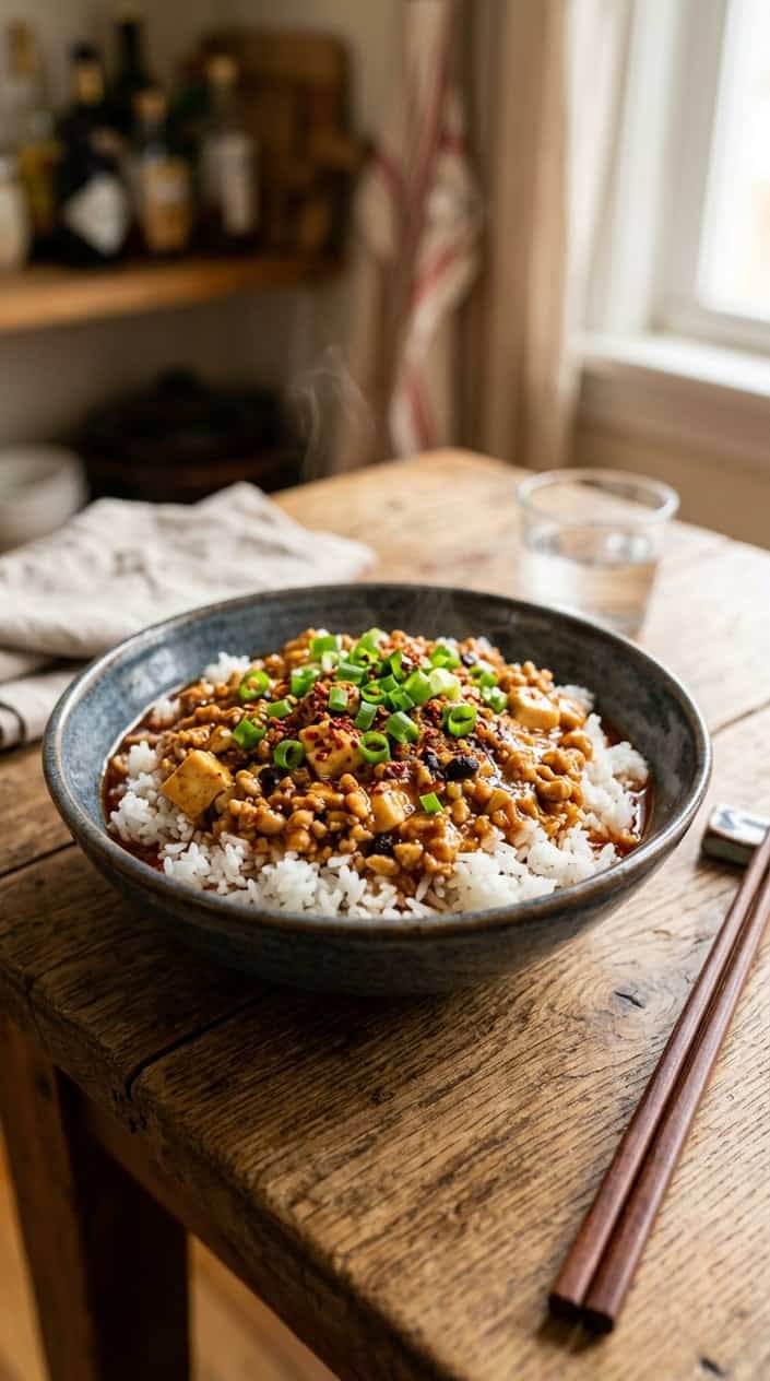 A bowl of ground chicken in a spicy sauce served over steamed white rice, garnished with green onions.