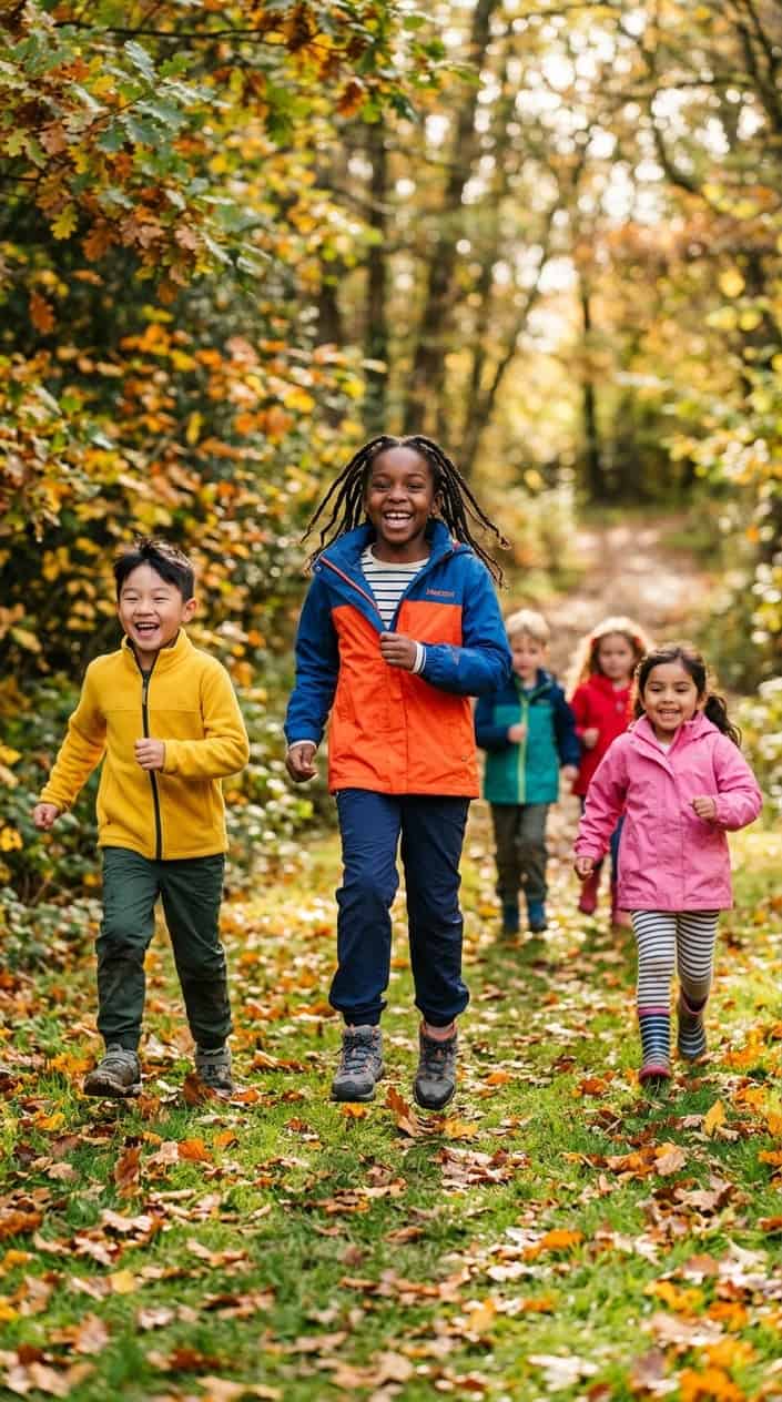Durable Kids' Clothes for Everyday Wear 8 Children playing outdoors wearing colorful rain jackets and durable clothing in a park setting.
