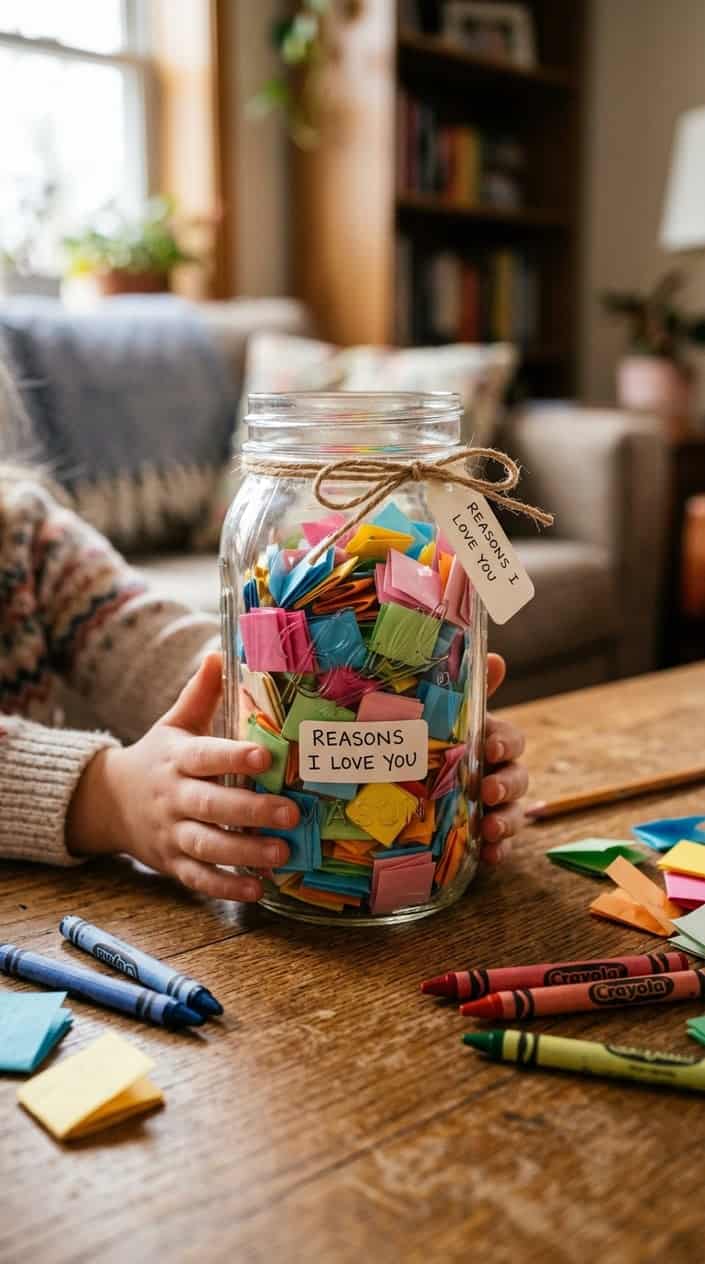 A mason jar filled with colorful folded notes on a wooden table, with children's hands gently holding it.