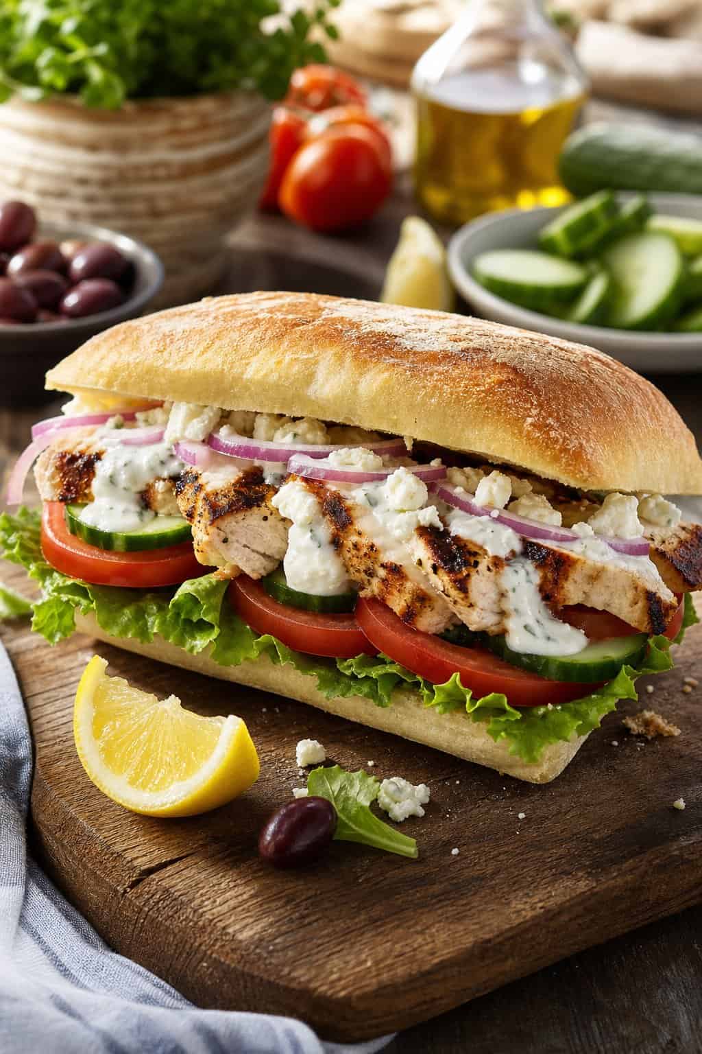 22 Chicken Sandwich Recipes the Whole Family Will Eat 16 A grilled chicken sandwich with lettuce, tomato, red onion slices, tzatziki sauce, and crumbled feta on a toasted roll, surrounded by fresh ingredients on a wooden board