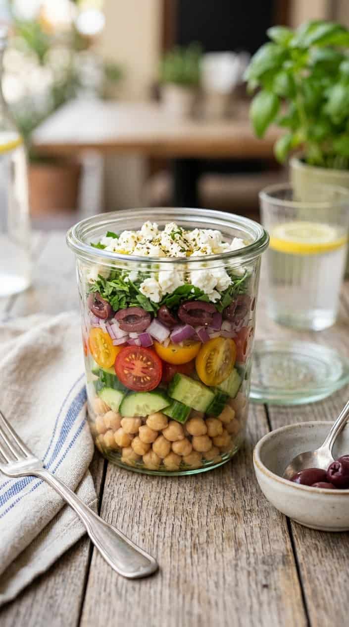 A wide-mouth glass jar layered with chickpeas, halved cherry tomatoes, diced cucumber, red onion, and crumbled feta, sitting on a warm-toned wooden surface with olive oil and a lemon half nearby.