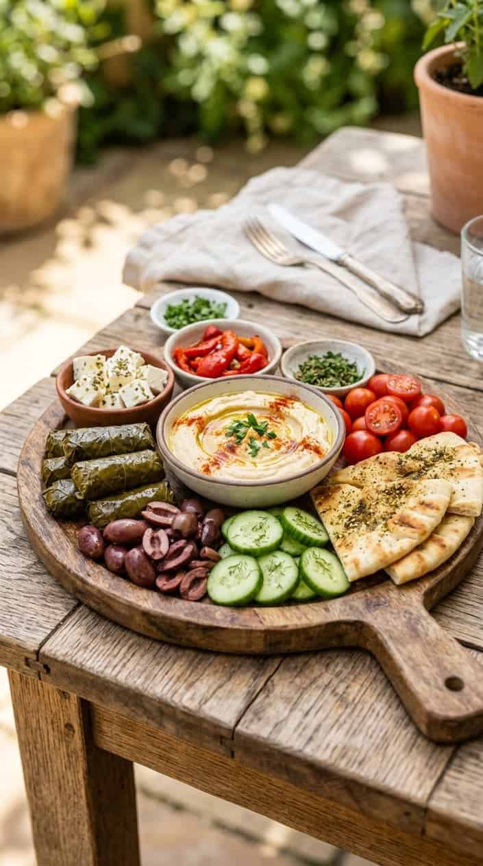 Summer Meals That Skip the Oven 14 A Mediterranean mezze platter with hummus, dolmas, cucumbers, tomatoes, olives, and pita bread on a wooden table.