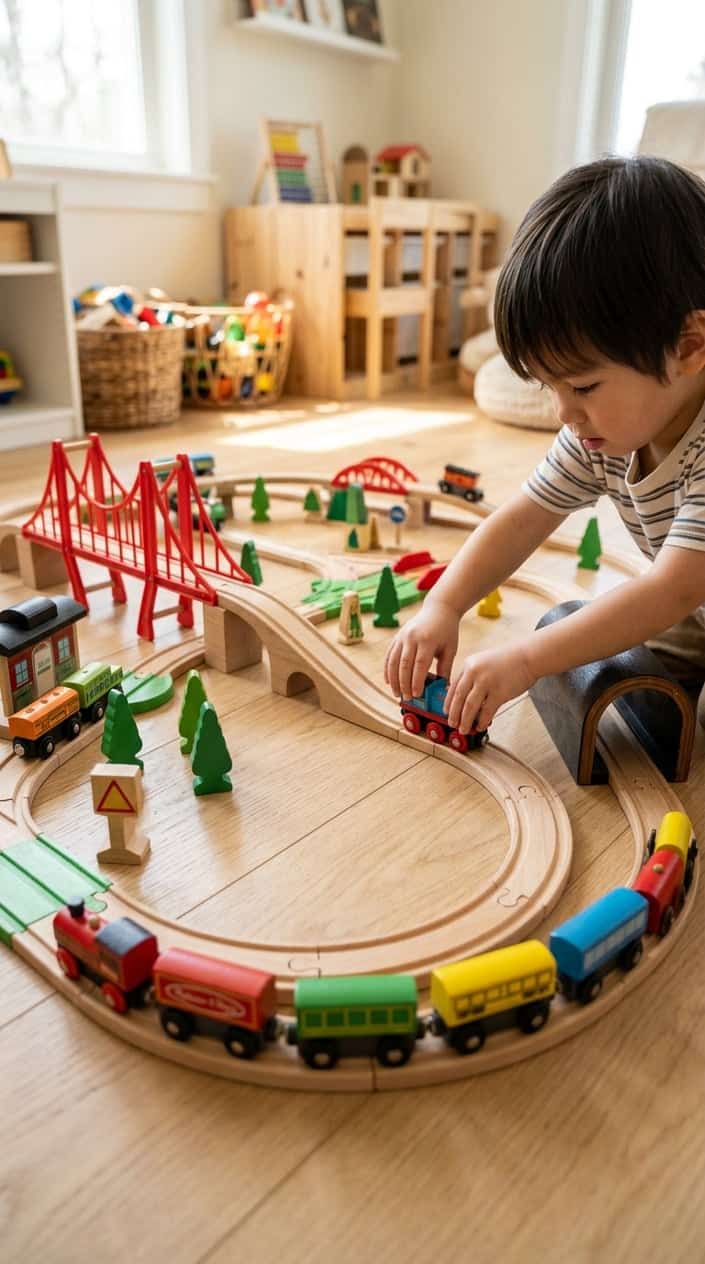 A child’s hands placing a wooden train on a colorful wooden railway set arranged on a floor in a bright playroom.