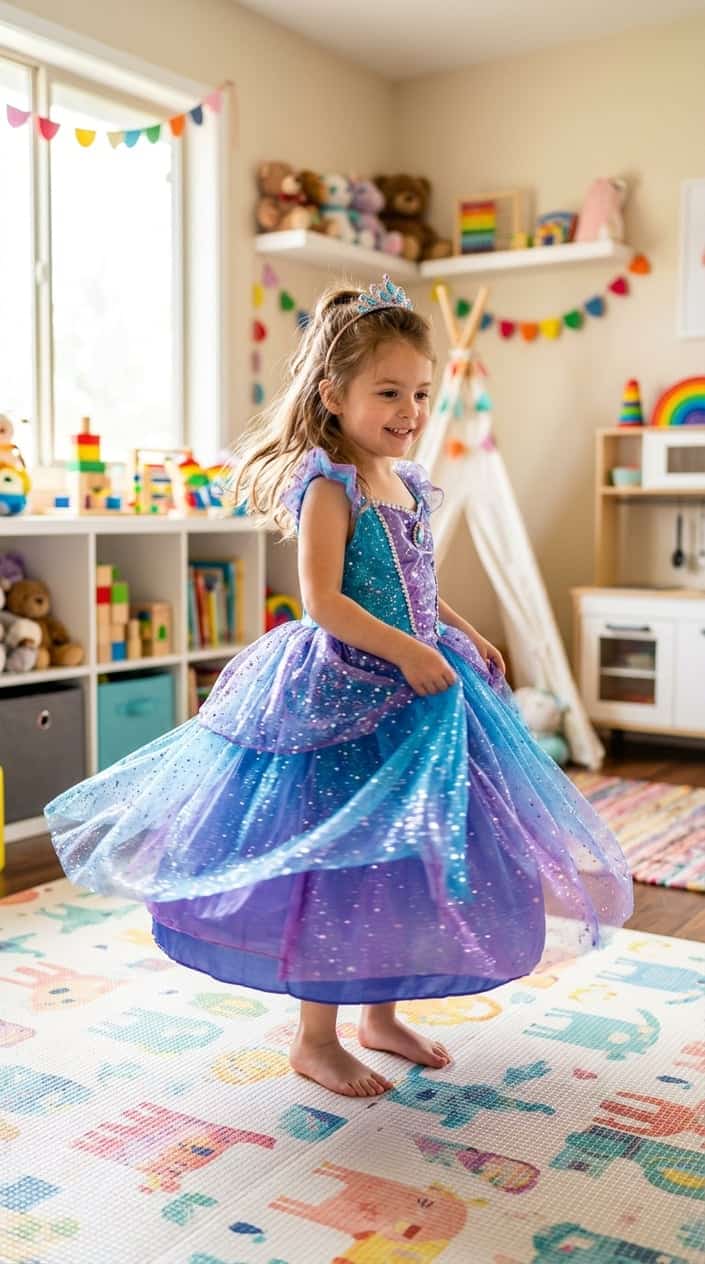 A young child twirling happily in a sparkling princess dress with a tiara in a bright playroom.