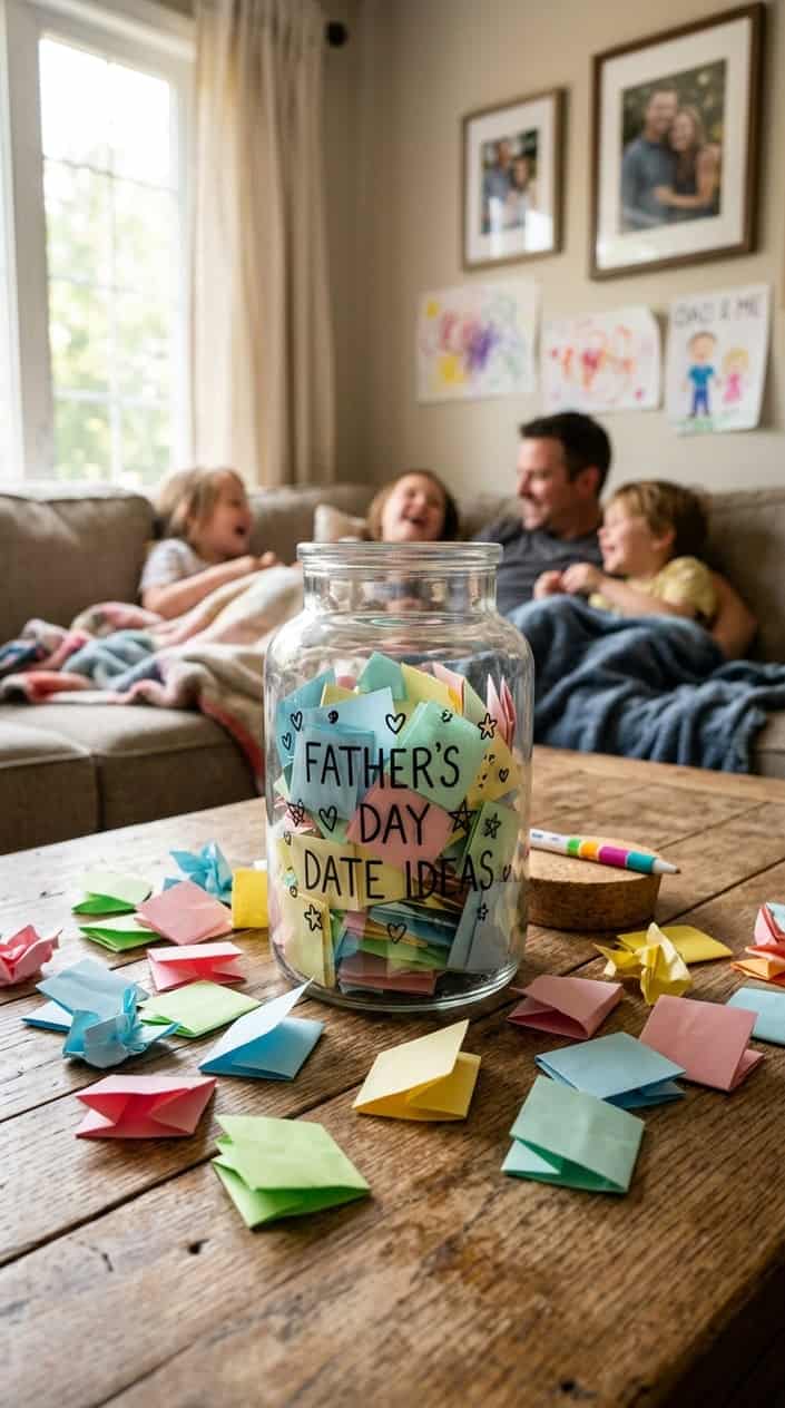 A glass jar filled with colorful paper slips on a wooden table in a cozy family living room.
