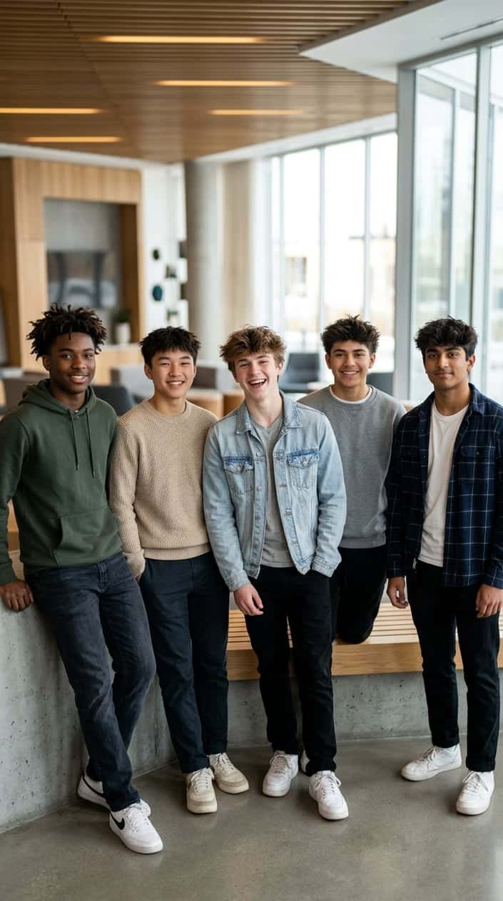 A group of teenage boys with messy crew cut hairstyles posing together indoors.