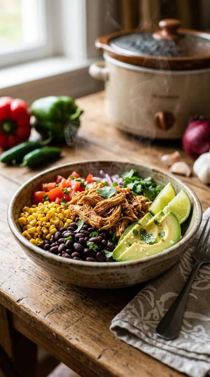 A bowl of Mexican chicken burrito bowl mix with chicken, beans, corn, tomatoes, avocado, and lime wedges on a wooden table.