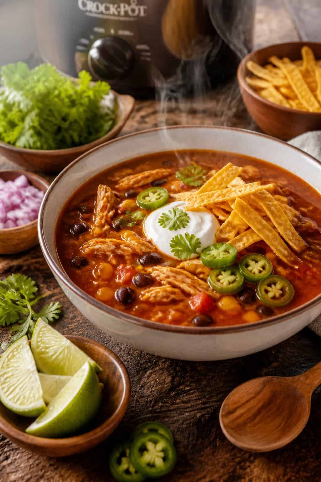 A bowl of Mexican chicken tortilla crockpot soup with tortilla strips and cilantro on a wooden table surrounded by fresh ingredients.