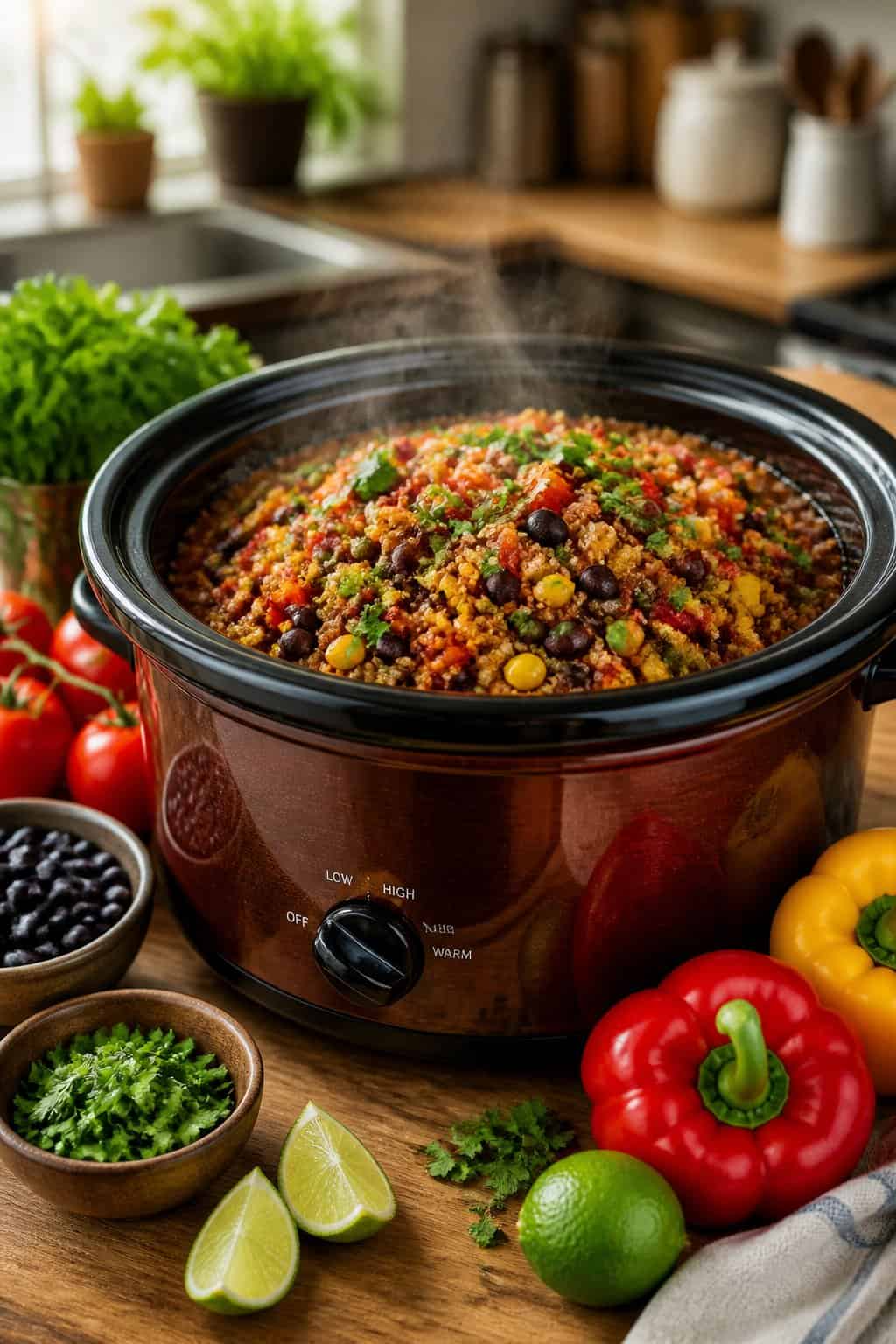 A crockpot filled with Mexican quinoa and black beans surrounded by fresh vegetables on a kitchen countertop.