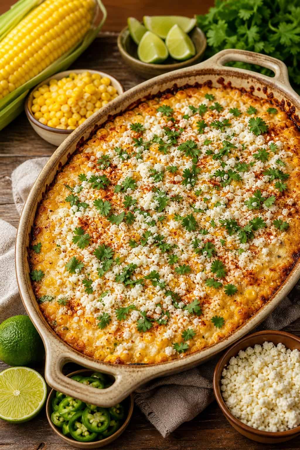 A golden baked corn casserole crumbled with white cotija cheese and scattered cilantro, surrounded by halved lime wedges and fresh jalapeños on a wooden table.