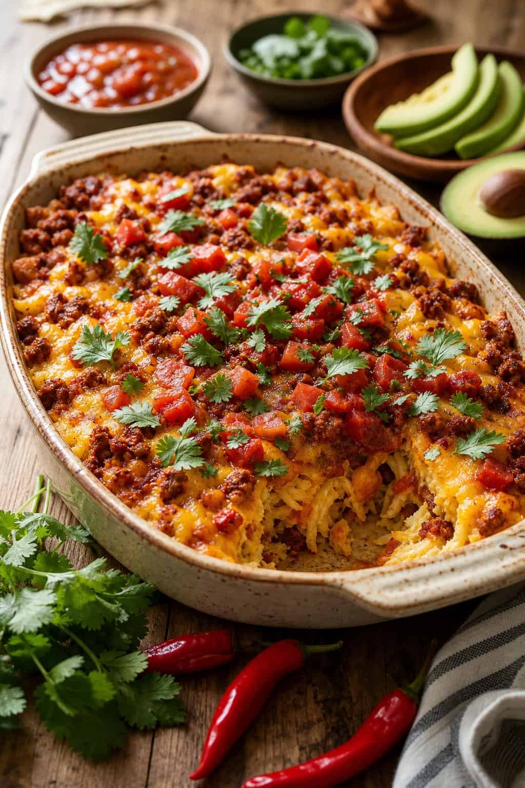 A baked hashbrown casserole with spicy chorizo and melted cheese in a ceramic dish, with a small bowl of salsa and sour cream on the side on a wood table.