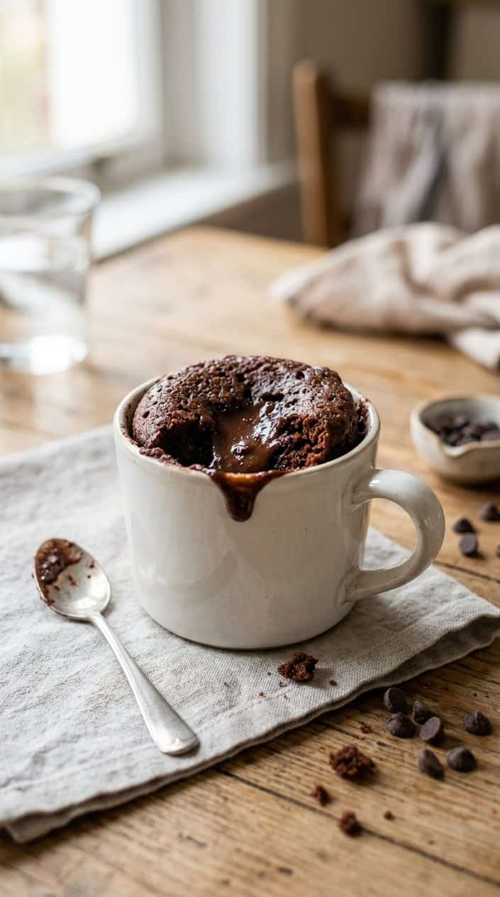A thick white ceramic mug filled with chocolate lava cake, molten chocolate pooling at the center where the top has just broken open, set on a weathered wood table beside a small spoon and a few scattered chocolate chips.