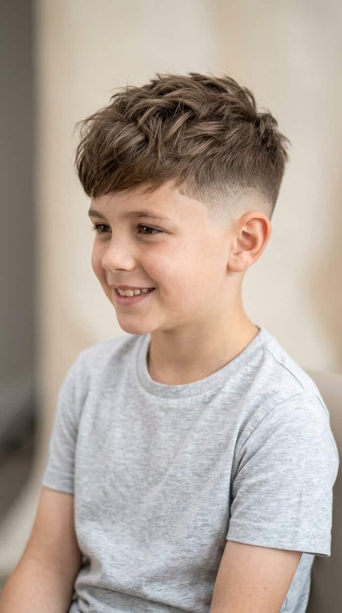 A young boy with short hair smiling in a studio setting.